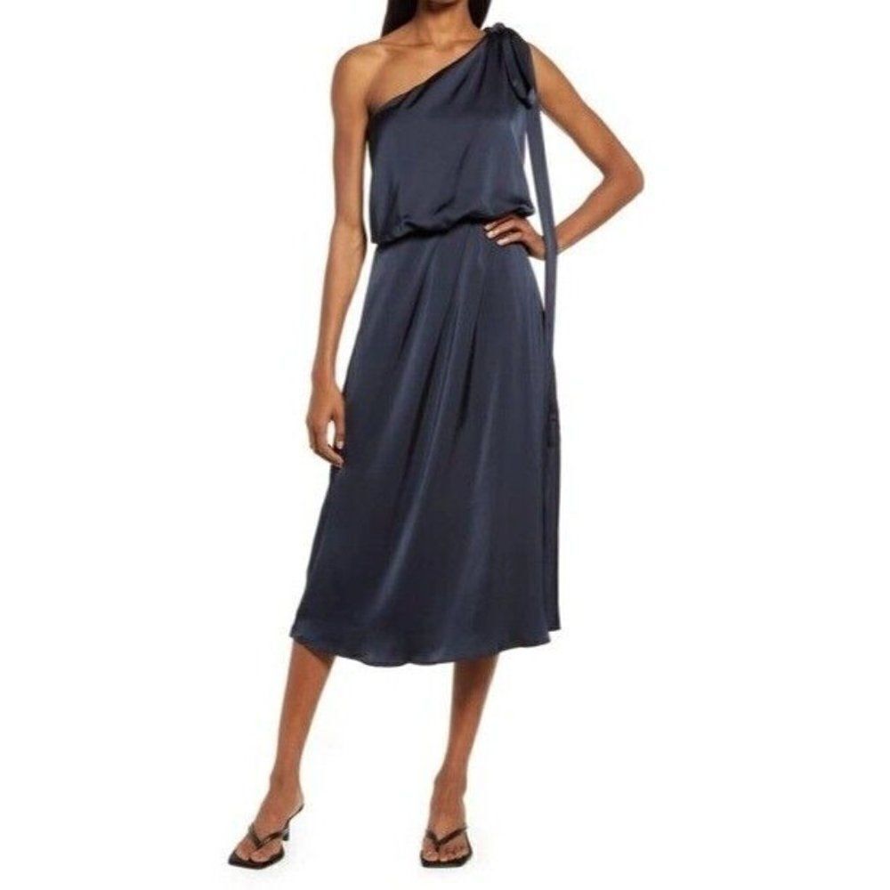 Amy Lynn Navy Blue One Shoulder Tie Satin Evening Midi Dress Size Medium - Picture 2 of 11